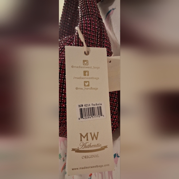 NWT Madison West Hot Pink Rhinestone Club Prom Knit Dumpling Purse Mini Bag - Picture 14 of 14